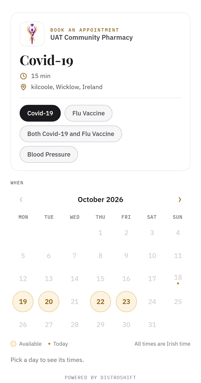 The appointments booking page on a phone: a pharmacy's services and a calendar of days with free times