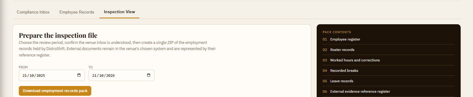 The inspection view: choose a period and download one employment records pack, with its contents listed