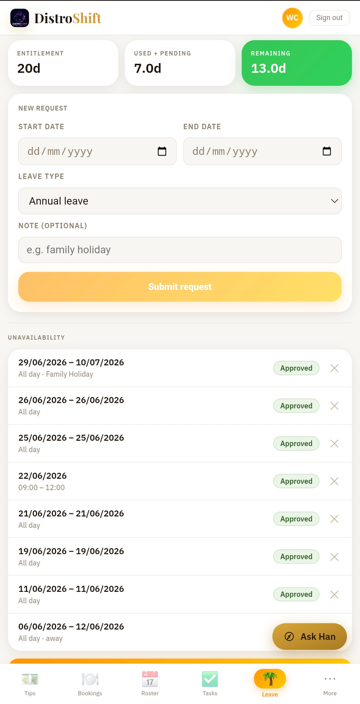 The staff app's Leave screen: entitlement, used and remaining days, a new request form, and the list of approved leave