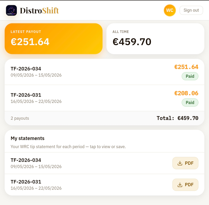 The staff app's Tips screen: the latest payout, the all-time total, each period marked paid, and a PDF statement to download for each